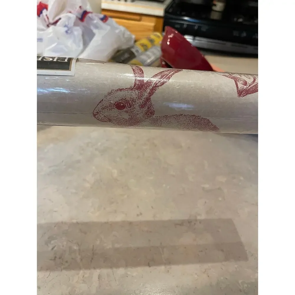 Vintage Bunny Toile Cream W Red Rabbits & Botanicals Prepasted Double Roll USA